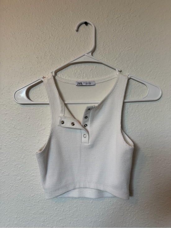 Zara Tops - Zara White Ribbed Snap-Front Cropped Tank Top